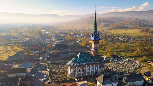 Aerial drone view of The Merry Cemetery in Sapanta, Romania