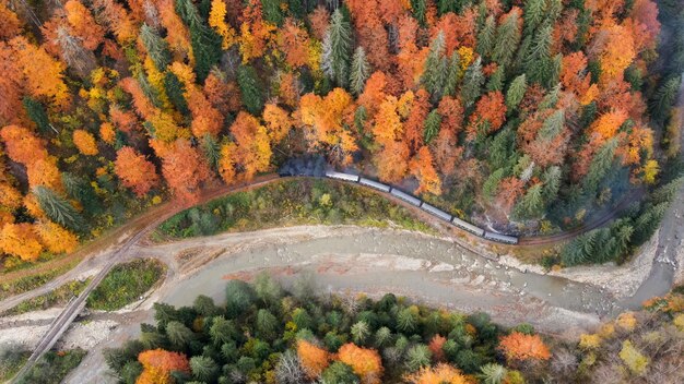 Aerial drone view of the moving steam train Mocanita in a valley along a river hills covered