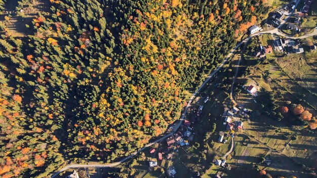 Aerial drone view of nature in Romania Carpathian mountains village in a valley hills covered