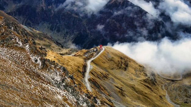 Aerial drone view of nature in Romania Transfagarasan route in Carpathian mountains First aid
