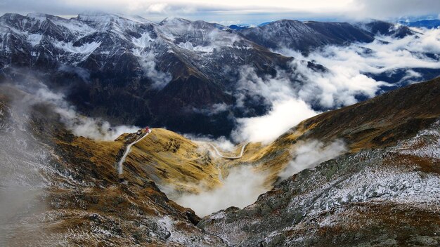 Aerial drone view of nature in Romania Transfagarasan route in Carpathian mountains