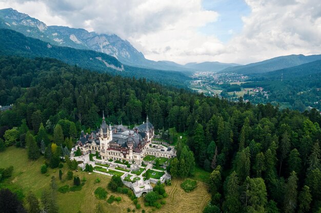 Aerial drone view of The Peles Castle in Romania