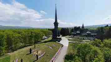 Free photo aerial drone view of the perisapanta monastery romania