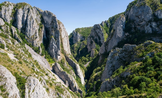 Aerial drone view of a rocky canyon in Romania