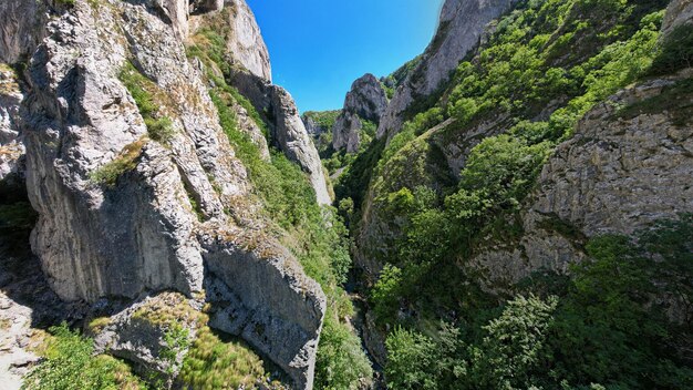 Aerial drone view of a rocky canyon in Romania
