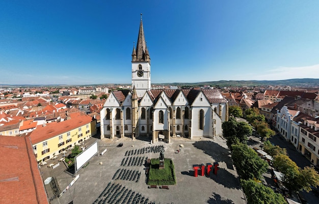 Aerial drone view of the Sibiu Lutheran Cathedral Romania