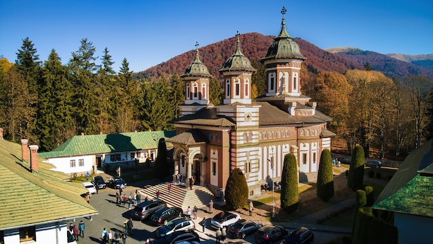 Aerial drone view of sinaia monastery in romania monastery in carpathians with inner court