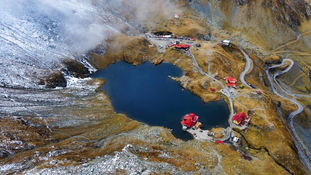 Aerial drone view of Transfagarasan route, nature in Romania