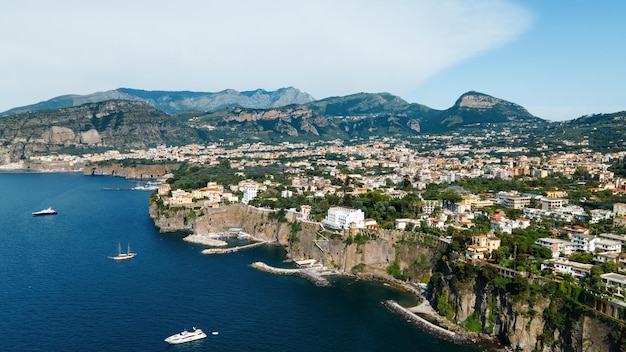 Aerial drone view of the Tyrrhenian sea coast in Sorrento Italy