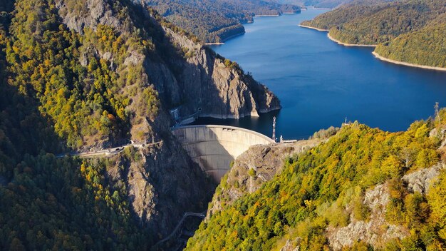 Aerial drone view of Vidraru dam in Romania