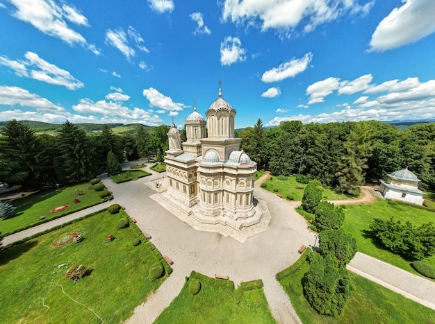Aerial drone wide view of the Curtea de Arges Monastery in Romania
