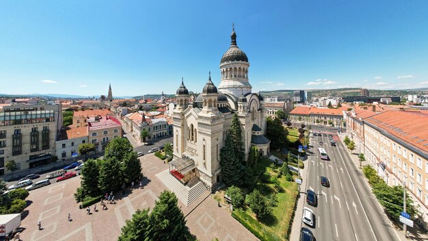 Aerial drone wide view of The Orthodox Cathedral in Cluj Romania