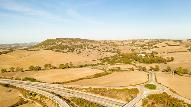 Aerial panoramic landscape view of a highway