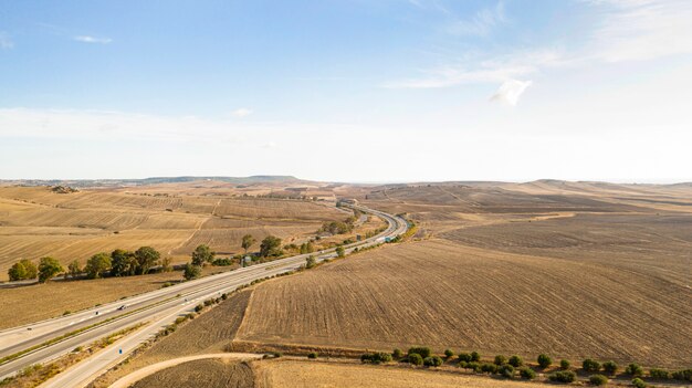 Aerial panoramic landscape view of a road