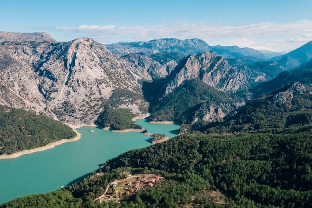 Aerial panoramic view mountain, water, vegetation