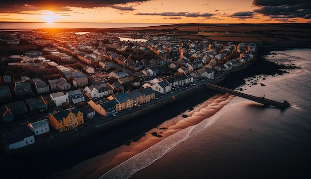 Free photo aerial perspective stunning view of sunset over coastal town generative ai