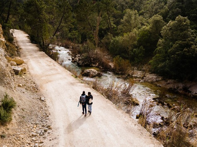 Aerial scenery view people walking