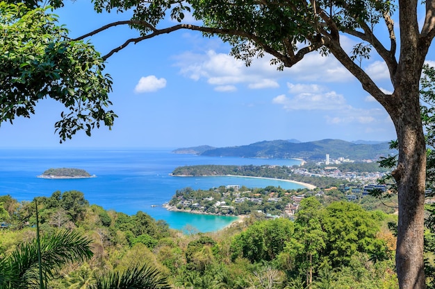 Aerial scenic view over beautiful Andaman sea and 3 bays at Karon Viewpoint Phuket Thailand