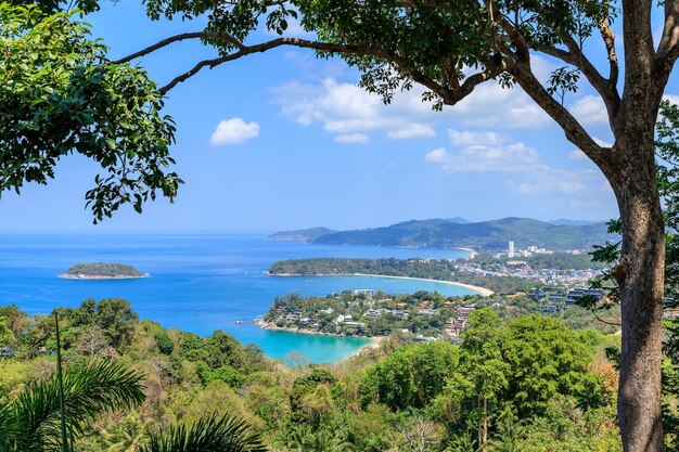 Aerial scenic view over beautiful Andaman sea and 3 bays at Karon Viewpoint Phuket Thailand