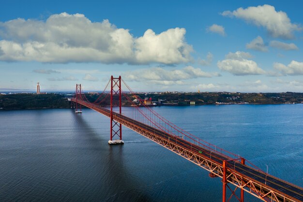 Aerial shot of 25th of April Bridge, Lisbon