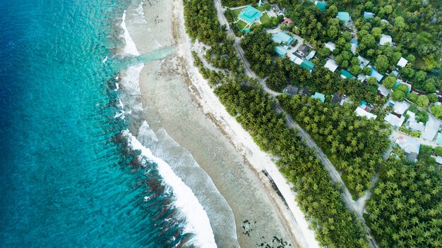 Aerial shot of the beach with the waves from the sea and the jungle of Maldives