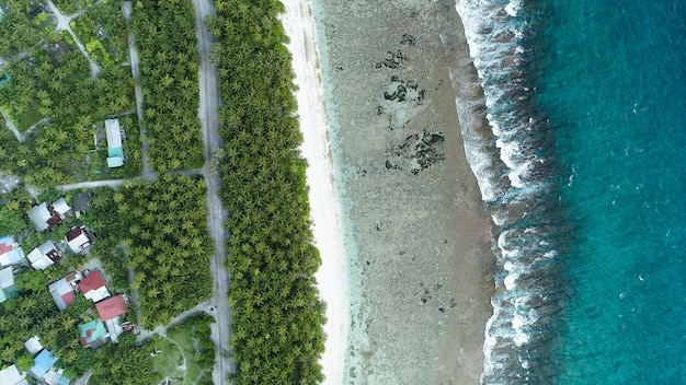 Aerial shot of the beach with the waves from the sea and the jungle of Maldives