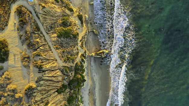 Aerial shot of a beautiful beach with sand and green trees