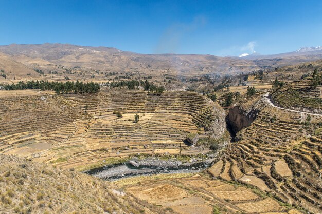 Aerial shot of the beautiful Colca Canyon under the blue sky captured in  Peru