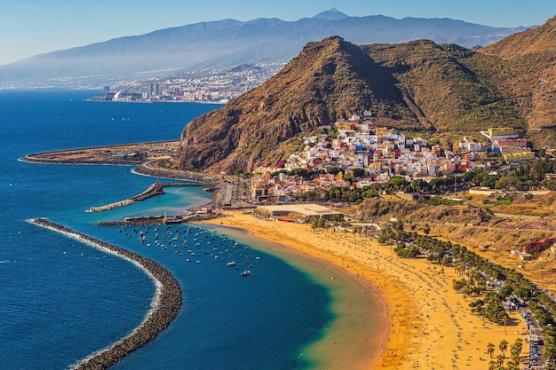 Aerial shot of the beautiful Las Teresitas beach located in San Andrés, Spain