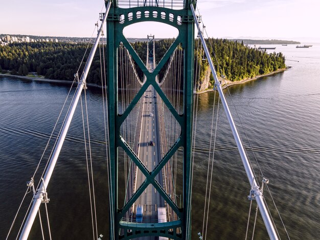 Aerial shot of the beautiful Lions Gate Bridge,  Vancouver, British Columbia