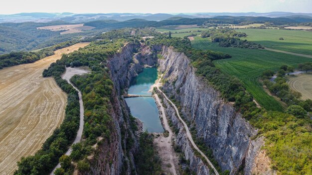 Aerial shot of the beautiful Velka Amerika canyon in the Czech Republic