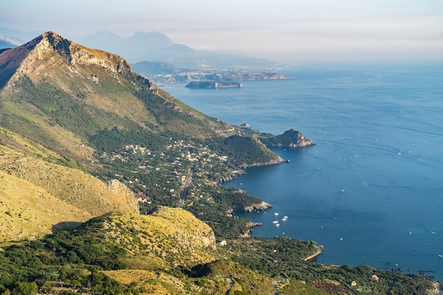 Aerial shot of the Calabrian coast from Maratea, Basilicata, Italy