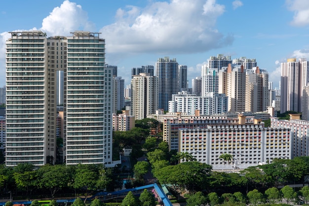 Aerial shot of city buildings in Toa Payoh Singapore under a blue sky