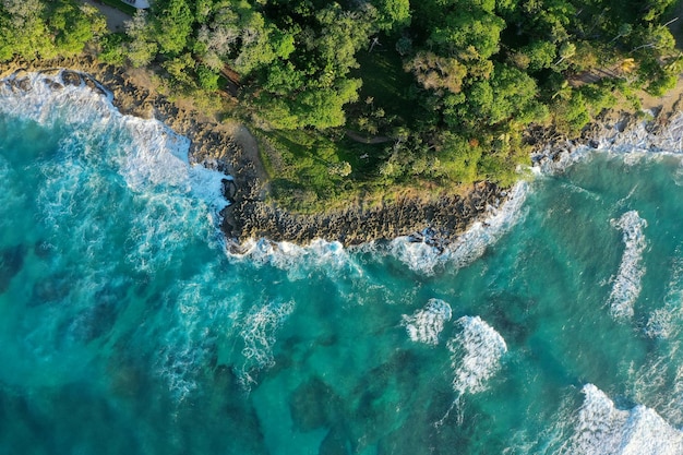 日光の下で海に囲まれた緑に覆われた崖の空中ショット