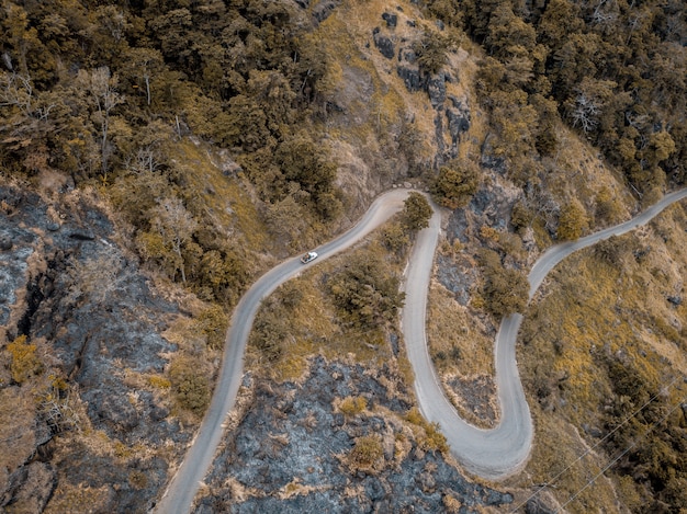 Ripresa aerea di una strada sinuosa sulle montagne con alberi