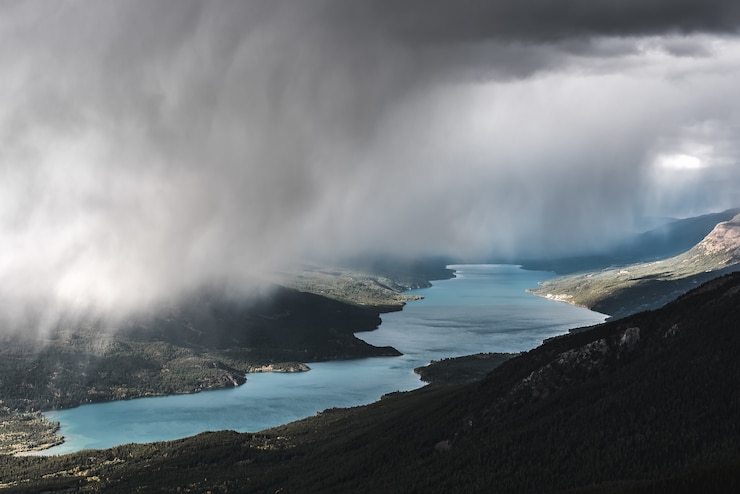 Free Photo aerial shot of a forested mountain near a river under a foggy sky