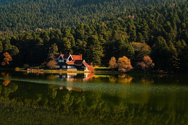 Aerial shot of Golcuk lake in Bolu,  Karacasu, Turkey