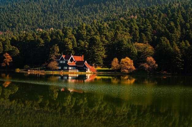 Aerial shot of Golcuk lake in Bolu,  Karacasu, Turkey