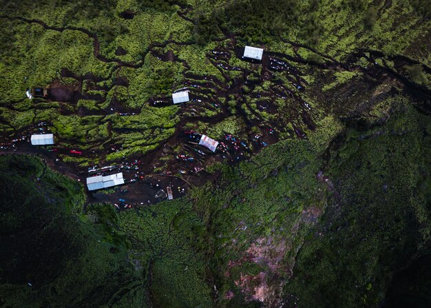 Aerial shot of hills covered in greenery surrounded by buildings under the sunlight