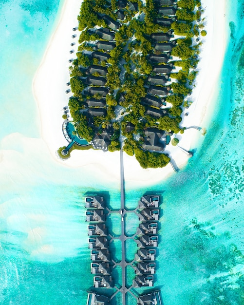 Aerial shot of houses built over the sea and on the land with trees in the Maldives Islands