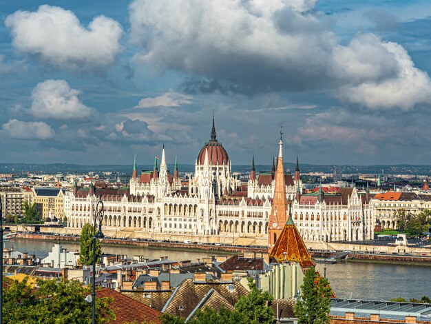 Aerial shot of Hungarian Parliament Building in Budapest, Hungary under a cloudy sky