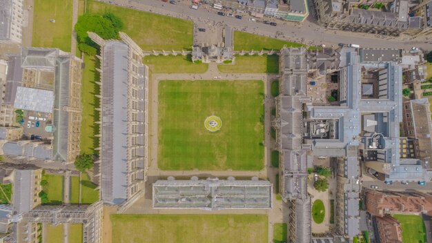 Aerial shot of King's College campus of Cambridge University in Cambridge, United Kingdom