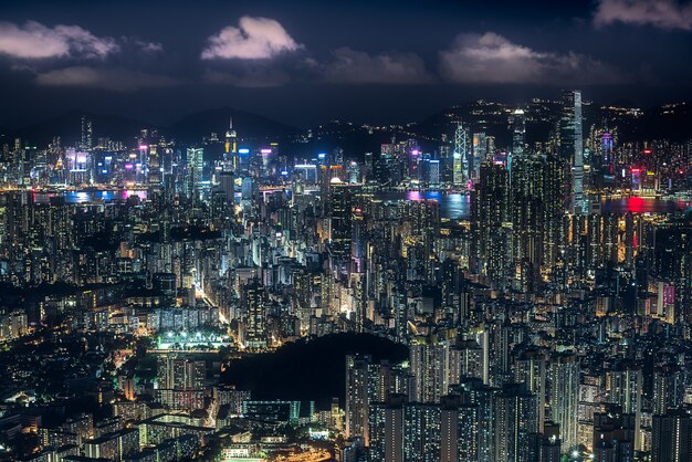 Aerial shot of Kong in Hong Kong at night
