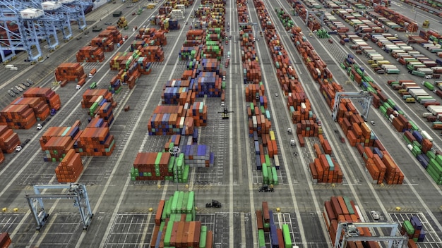 Aerial shot of large shipping containers area