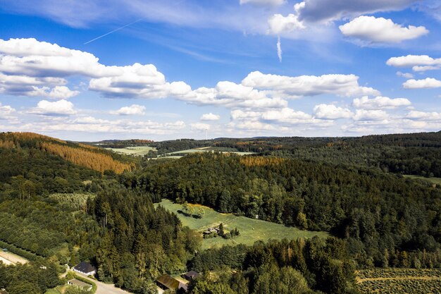 Aerial shot of a mountain landscape covered with trees