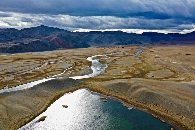Aerial shot of Orkhon river in Mongolia