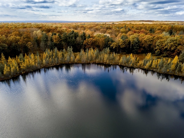 Foto gratuita ripresa aerea di uno stagno circondato da alberi gialli e verdi sotto un cielo nuvoloso blu