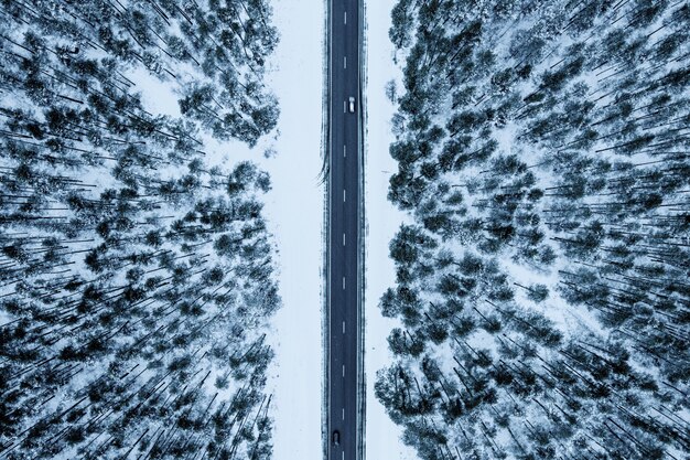 冬の間に雪に覆われた森の中の道路の空中ショット