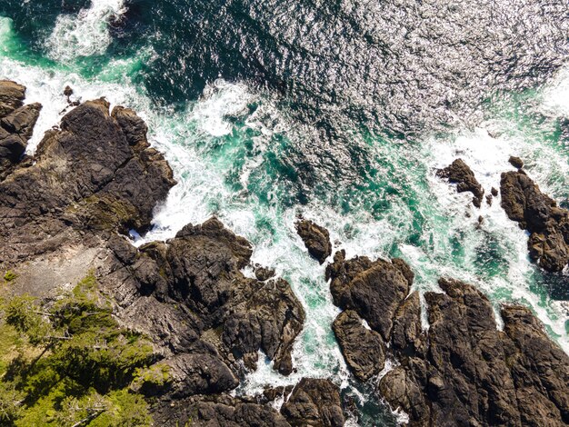 Aerial  shot of a sea with rocky stones