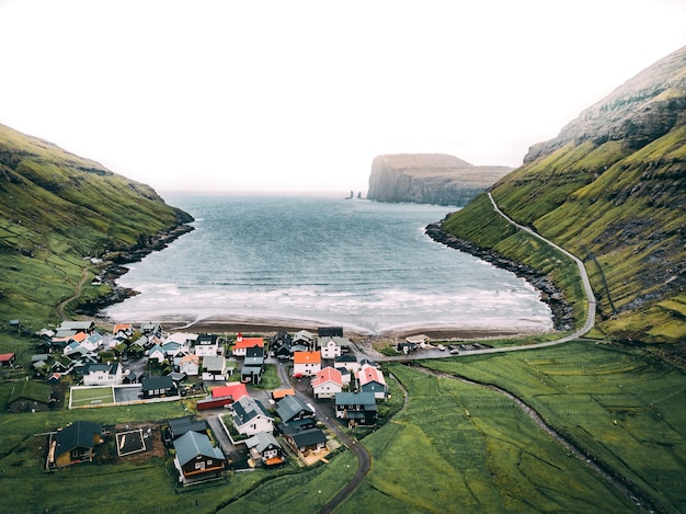 Aerial shot of the shore of the Atlantic Sea on Faroe Islands